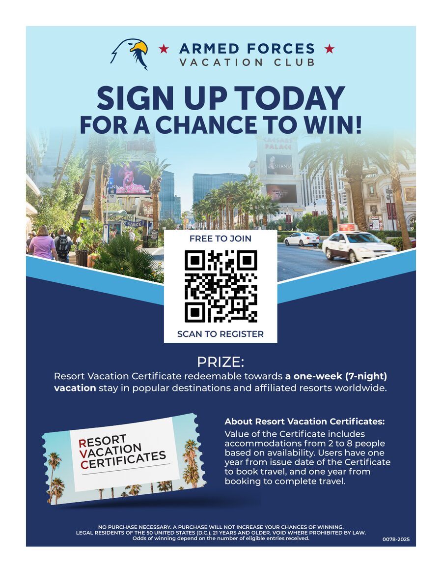 Armed Forces Vacation Club resort vacation giveaway flyer