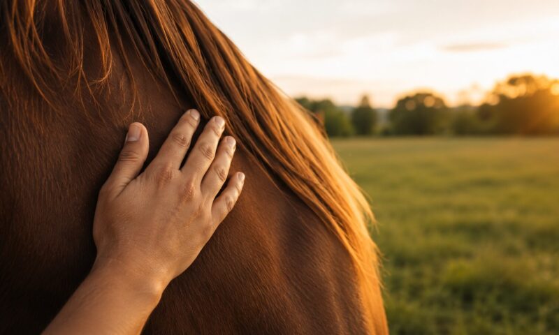 Equine-assisted wellness session with a calm horse and open pasture at golden hour