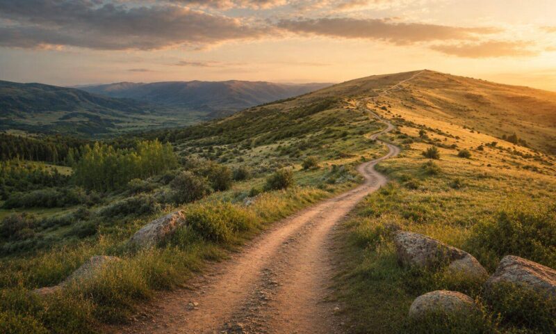 Healing continuum concept with a winding path from a quiet valley toward open high ground