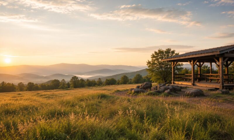 Veteran wellness retreat setting with open nature and calm morning light